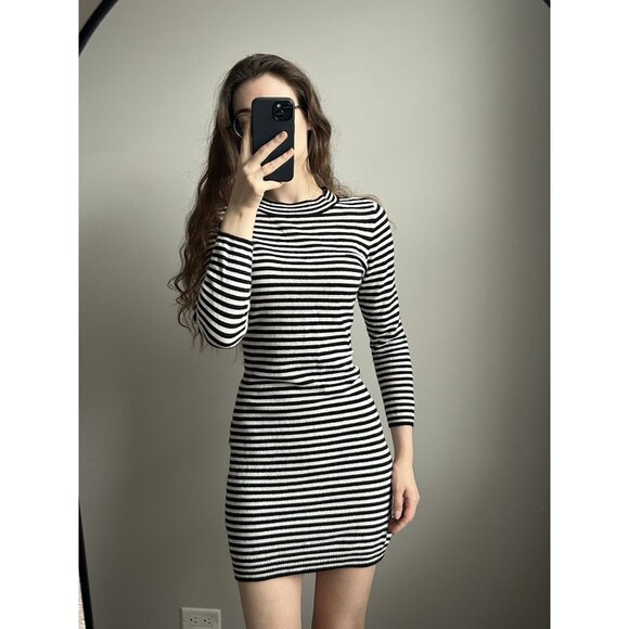Black & White Striped Wool Cashmere Long-Sleeve Bodycon Dress Size Small – Fitte - Picture 1 of 9